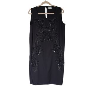 Junarose Black Sleeveless Shift Dress Beaded Embroidered Floral Front